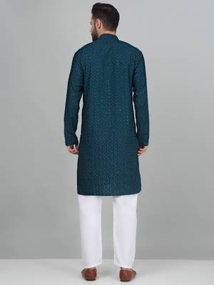 Men cotton embroidered sequined green kurta with elastic waistband pyjama 3