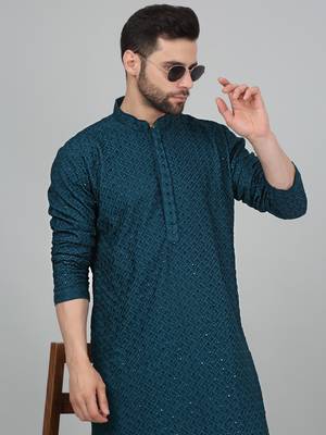 Men cotton embroidered sequined green kurta with elastic waistband pyjama 4