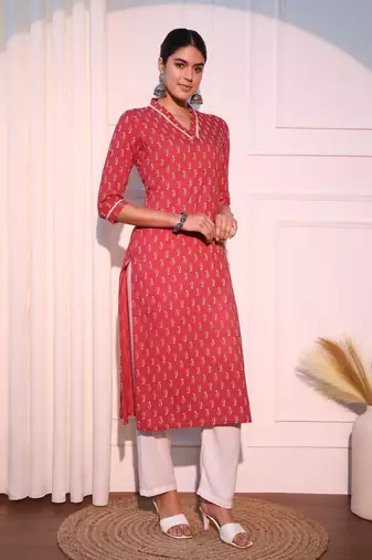 women pink straight pure cotton kurta