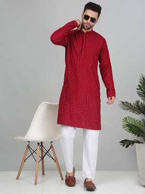 Men cotton embroidered sequined maroon kurta with elastic waistband pyjama 1