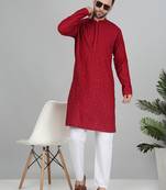 Men cotton embroidered sequined maroon kurta with elastic waistband pyjama