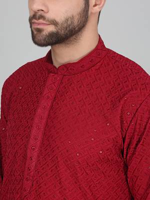 Men cotton embroidered sequined maroon kurta with elastic waistband pyjama 2