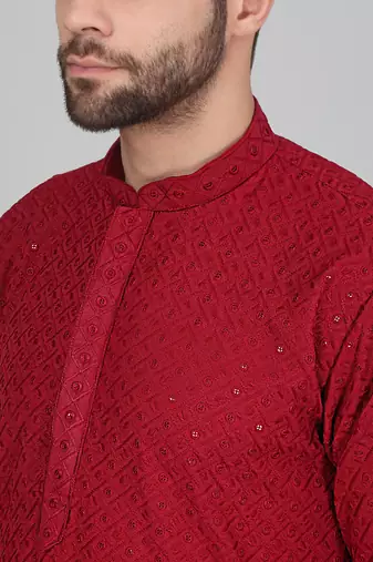 Men cotton embroidered sequined maroon kurta with elastic waistband pyjama