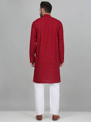 Men cotton embroidered sequined maroon kurta with elastic waistband pyjama 3