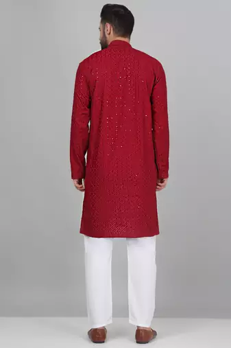 Men cotton embroidered sequined maroon kurta with elastic waistband pyjama