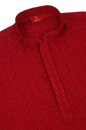 Men cotton embroidered sequined maroon kurta with elastic waistband pyjama