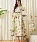 women green anarkali cotton kurta with trousers & with dupatta