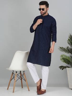 Men cotton embroidered sequined navy blue kurta with elastic waistband pyjama 1