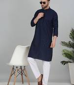 Men cotton embroidered sequined navy blue kurta with elastic waistband pyjama