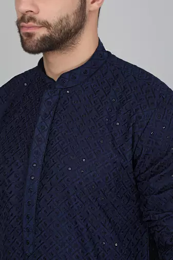 Men cotton embroidered sequined navy blue kurta with elastic waistband pyjama
