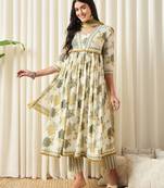 women white anarkali cotton kurta with trousers & with dupatta