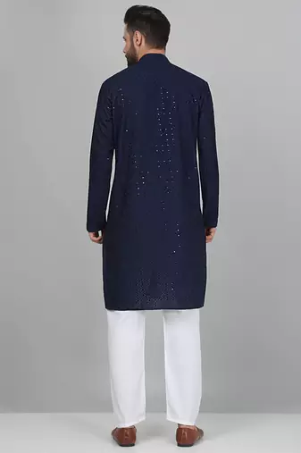 Men cotton embroidered sequined navy blue kurta with elastic waistband pyjama