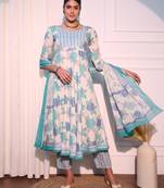 women white anarkali cotton kurta with trousers & with dupatta