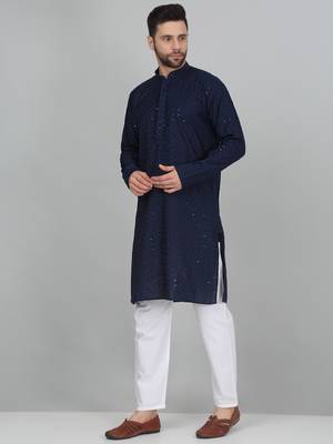 Men cotton embroidered sequined navy blue kurta with elastic waistband pyjama 4