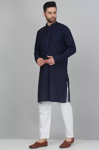 Men cotton embroidered sequined navy blue kurta with elastic waistband pyjama