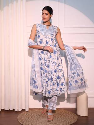 women white and blue anarkali cotton kurta with trousers & with dupatta 1