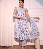 women white and blue anarkali cotton kurta with trousers & with dupatta