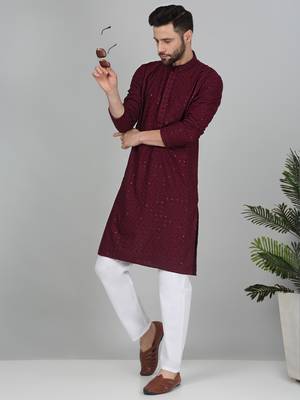 Men cotton embroidered sequined purple kurta with elastic waistband pyjama 1