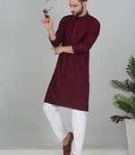 Men cotton embroidered sequined purple kurta with elastic waistband pyjama