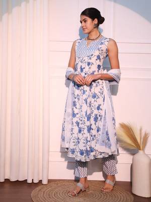 women white and blue anarkali cotton kurta with trousers & with dupatta 2