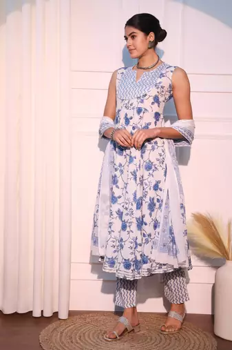 women white and blue anarkali cotton kurta with trousers & with dupatta
