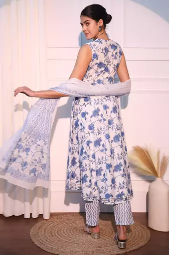 women white and blue anarkali cotton kurta with trousers & with dupatta