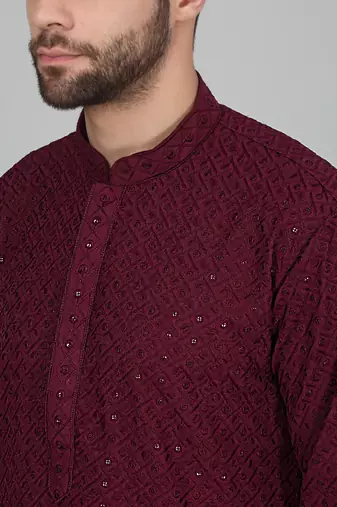 Men cotton embroidered sequined purple kurta with elastic waistband pyjama