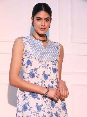 women white and blue anarkali cotton kurta with trousers & with dupatta 4