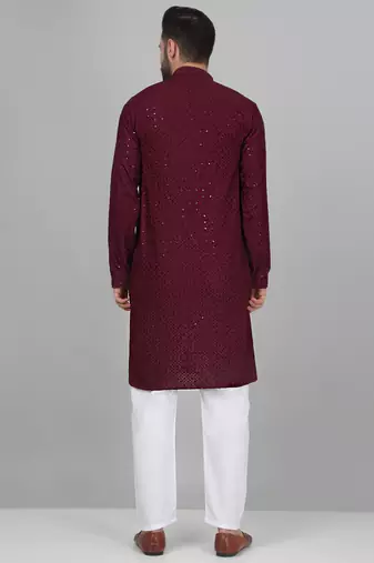 Men cotton embroidered sequined purple kurta with elastic waistband pyjama