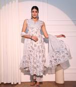 women white and green anarkali cotton kurta with trousers & with dupatta