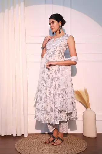 women white and green anarkali cotton kurta with trousers & with dupatta