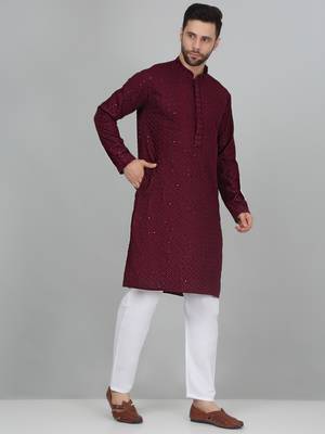 Men cotton embroidered sequined purple kurta with elastic waistband pyjama 4