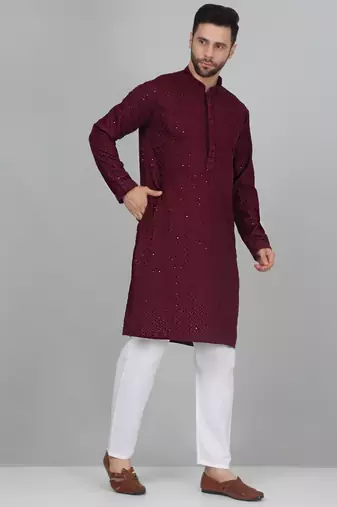 Men cotton embroidered sequined purple kurta with elastic waistband pyjama