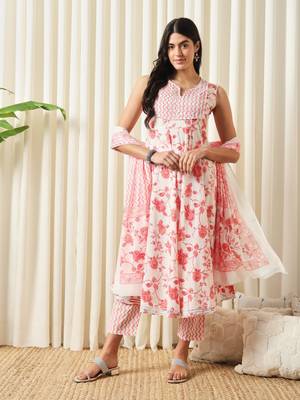 women white and red anarkali cotton kurta with trousers & with dupatta 1
