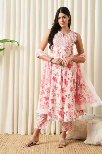 women white and red anarkali cotton kurta with trousers & with dupatta