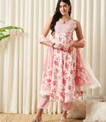 women white and red anarkali cotton kurta with trousers & with dupatta