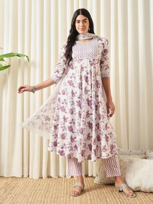 women white and purple anarkali cotton kurta with trousers & with dupatta 1