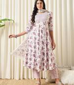 women white and purple anarkali cotton kurta with trousers & with dupatta