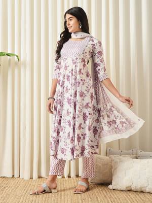 women white and purple anarkali cotton kurta with trousers & with dupatta 2