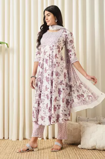 women white and purple anarkali cotton kurta with trousers & with dupatta