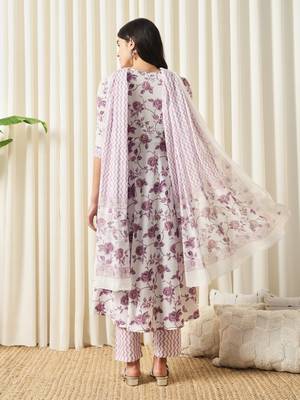 women white and purple anarkali cotton kurta with trousers & with dupatta 3