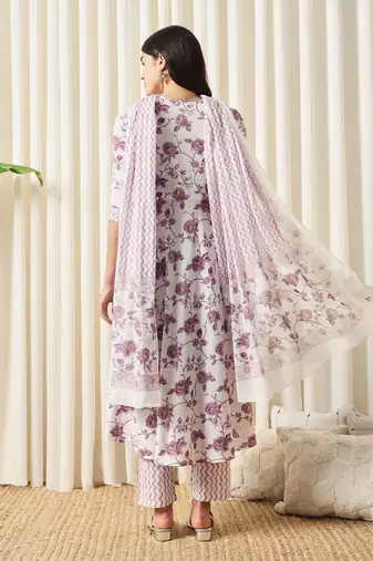 women white and purple anarkali cotton kurta with trousers & with dupatta