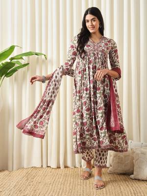 women white and red anarkali cotton kurta with trousers & with dupatta 1