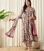 women white and red anarkali cotton kurta with trousers & with dupatta