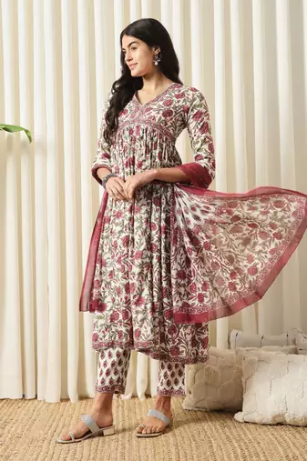 women white and red anarkali cotton kurta with trousers & with dupatta