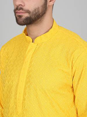 Men cotton embroidered sequined yellow kurta with elastic waistband pyjama 2