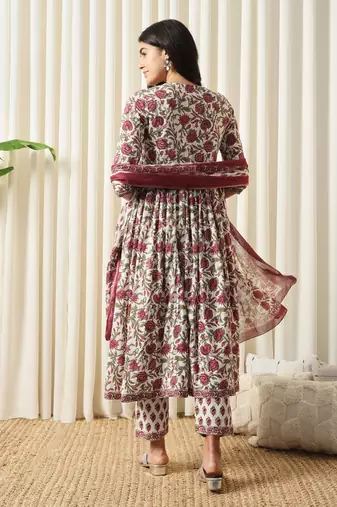 women white and red anarkali cotton kurta with trousers & with dupatta