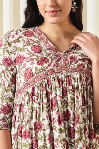 women white and red anarkali cotton kurta with trousers & with dupatta