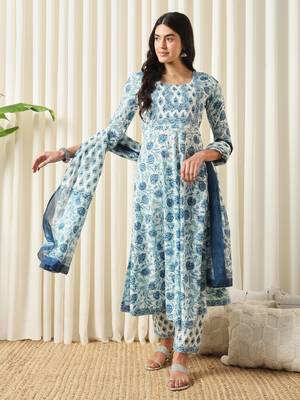 women white and blue anarkali cotton kurta with trousers & with dupatta 1