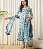 women white and blue anarkali cotton kurta with trousers & with dupatta